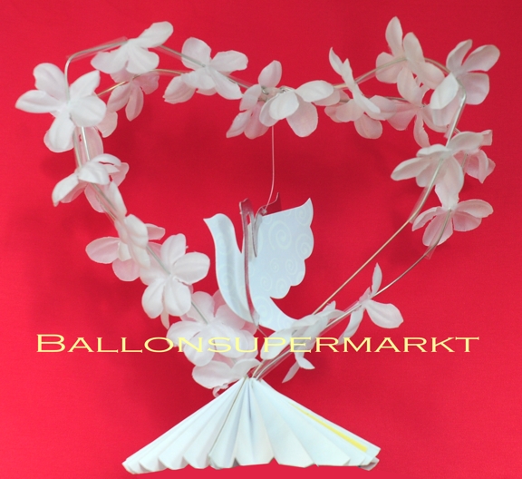Tischdekoration Hochzeit, Hochzeits-Tischständer, Herz aus weißen Blüten mit Hochzeitstaube Tischdekoration Hochzeit, Hochzeits-Tischständer, Herz aus weißen Blüten mit Hochzeitstaube
